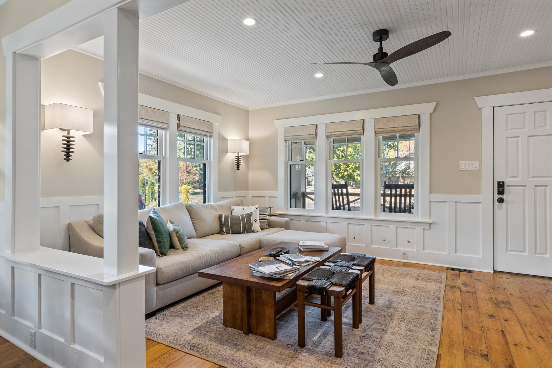 Living room with a fireplace and 55