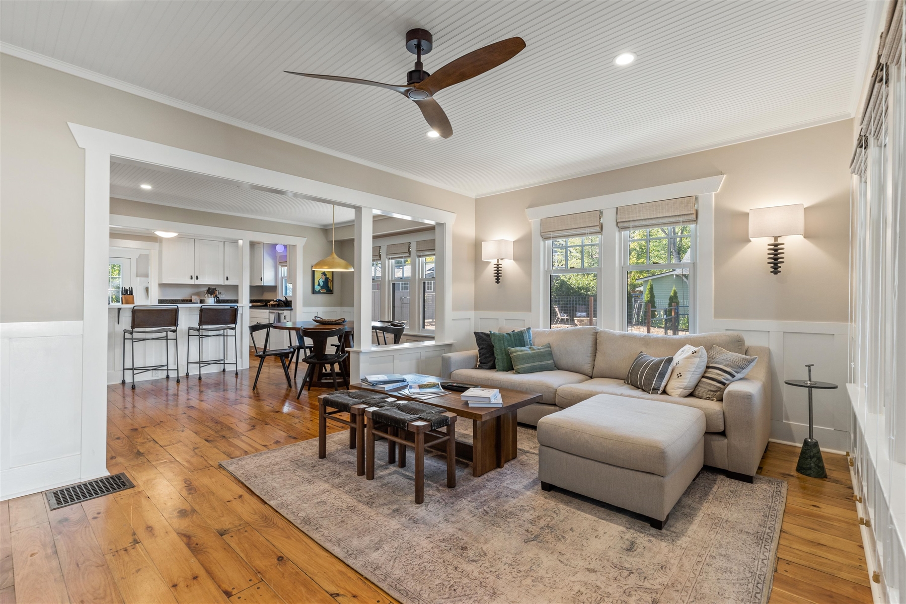 Living room with a fireplace and 55