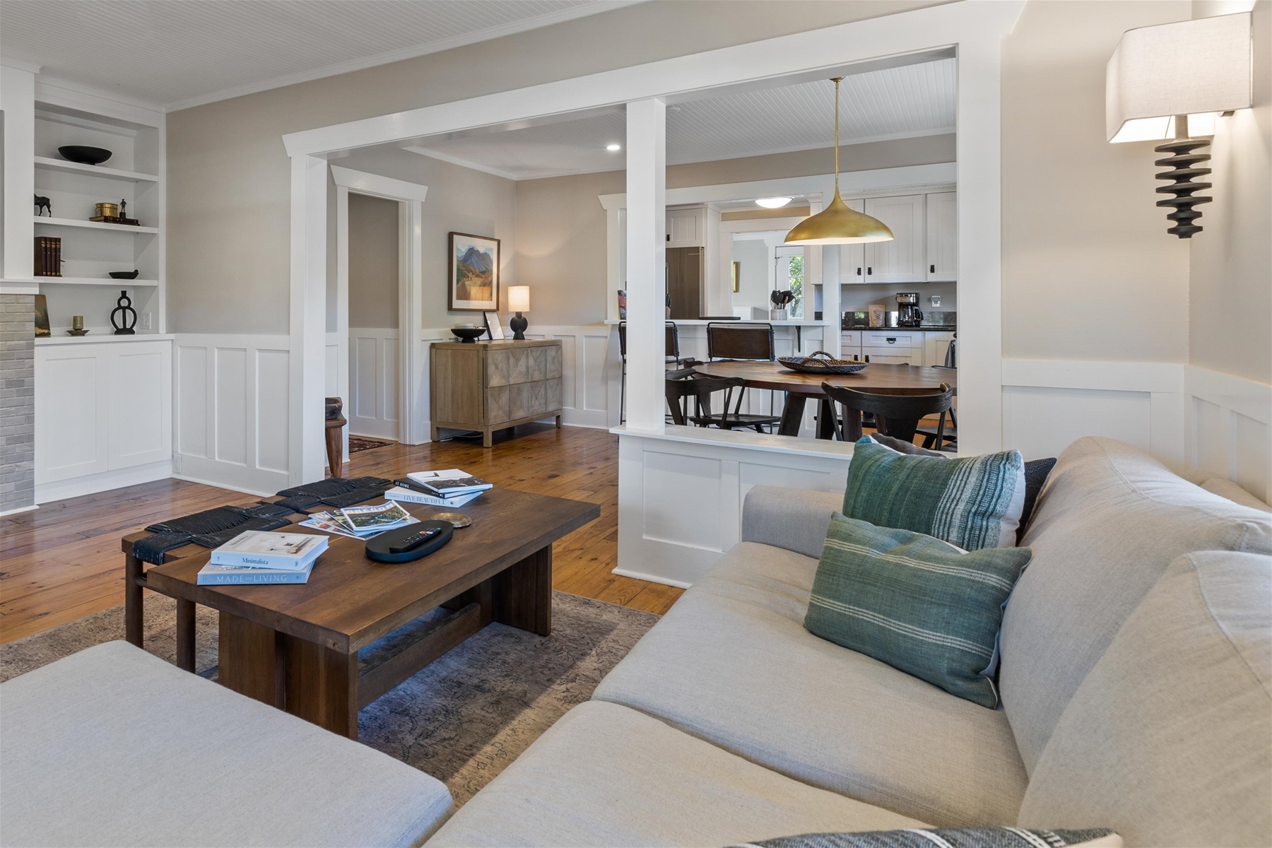 Living room with a fireplace and 55