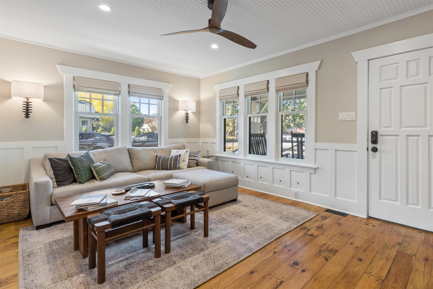 Reclaimed hardwood floors throughout the home. 