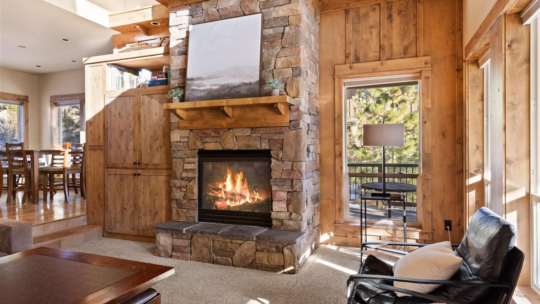Large fireplace in the living room. 