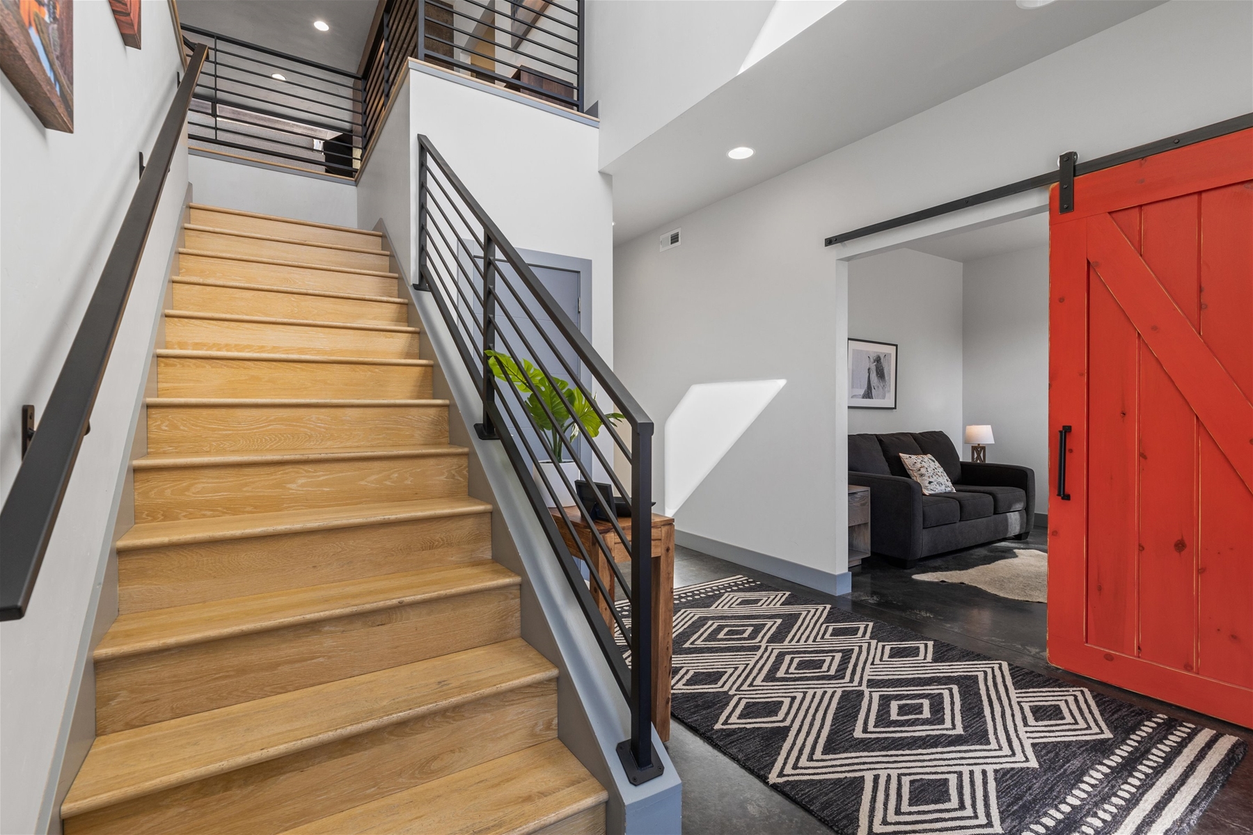 Stairway from downstairs up to the main level. 