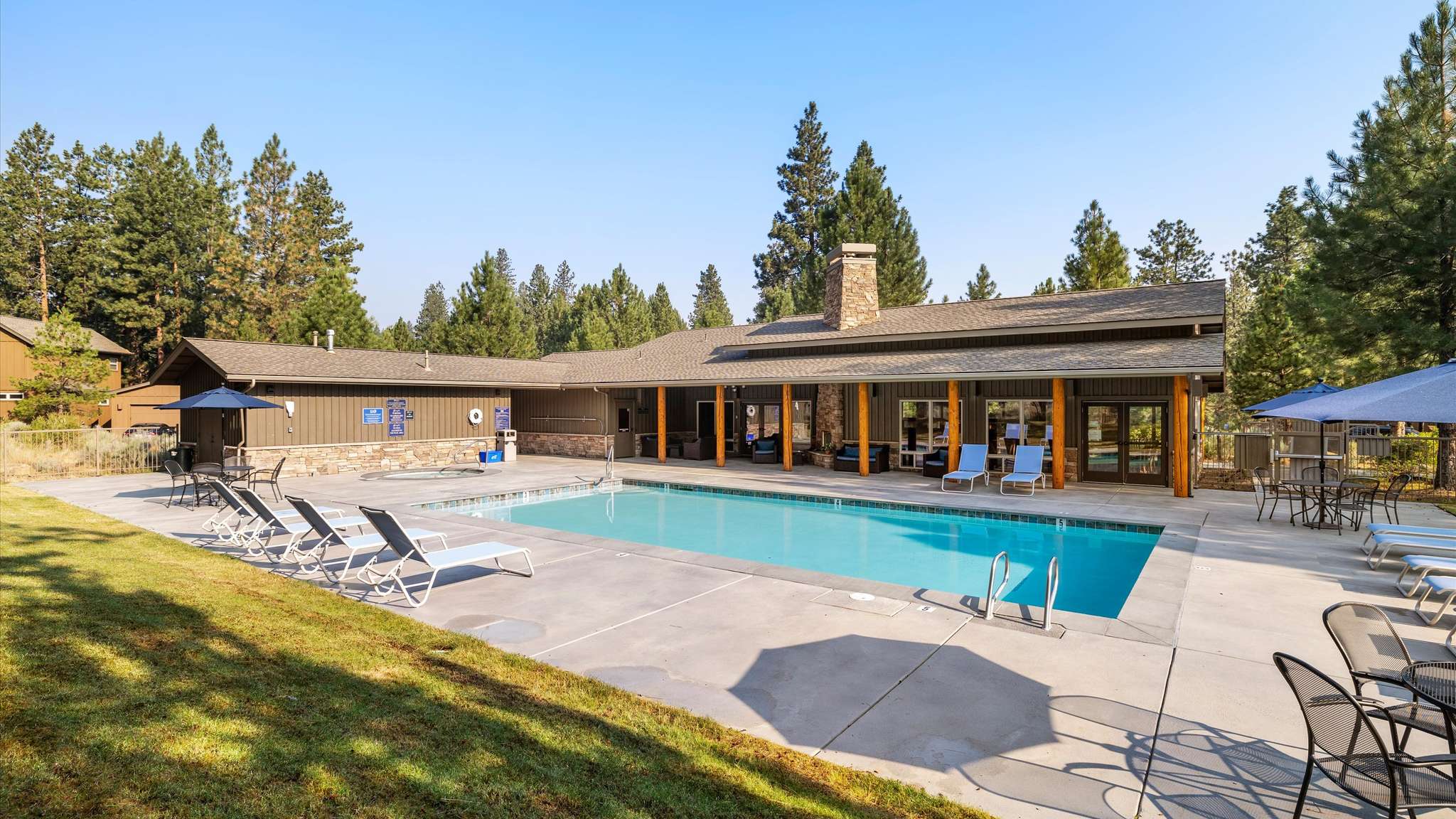 Seasonal community pool at River Wild, Mt. Bachelor Village Resort — steps from Rafters Court vacation rental, Bend OR.