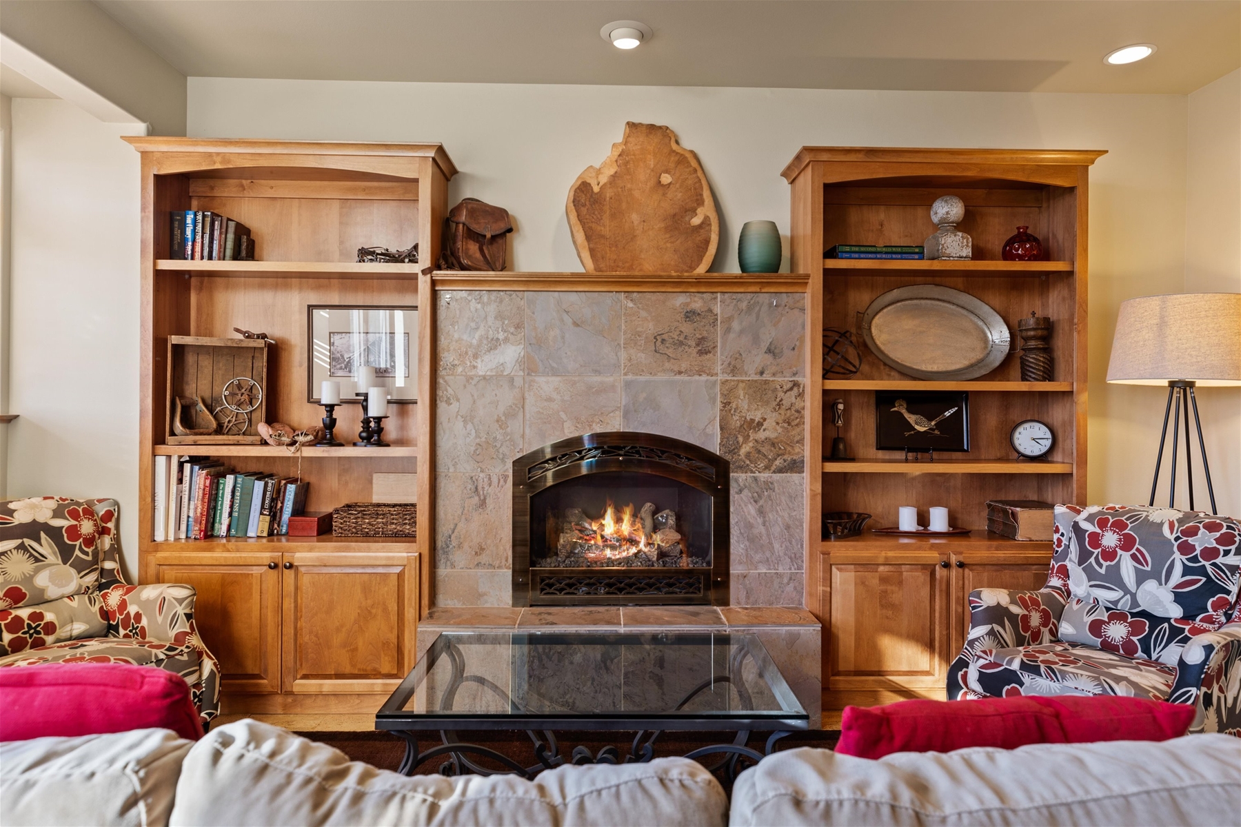 Beautiful living room area with gas fireplace. 