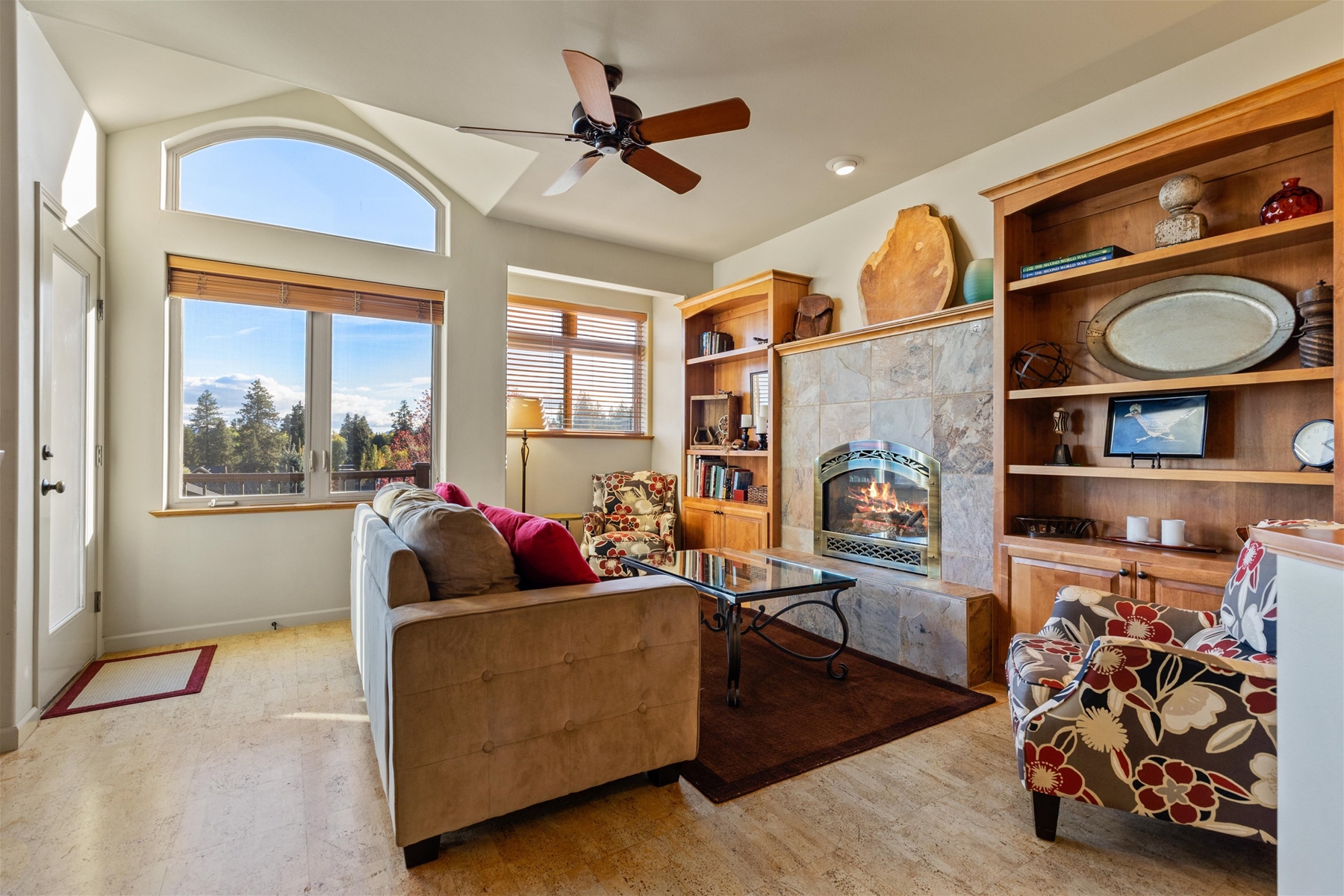 Beautiful living room area with gas fireplace. 
