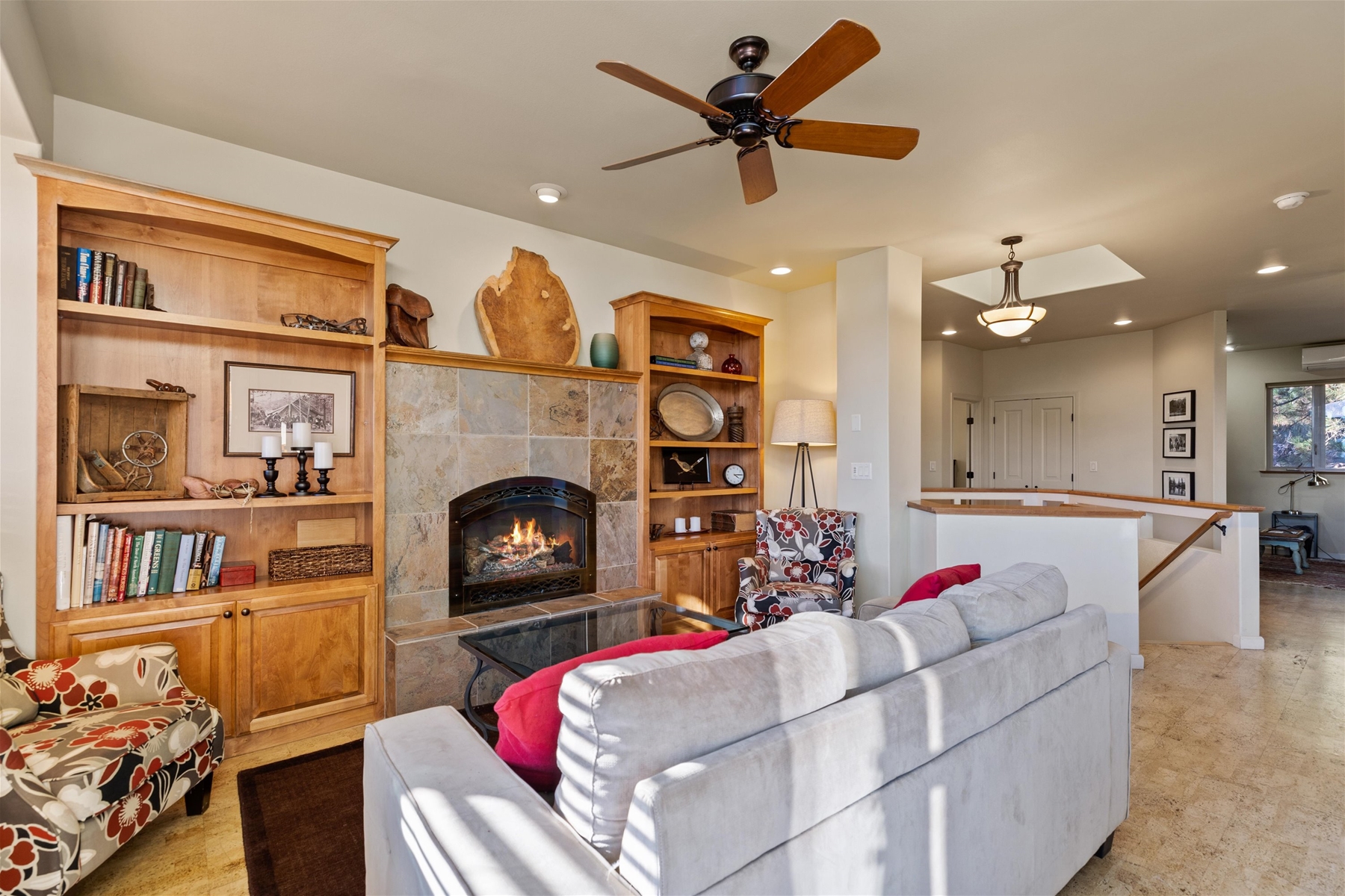 Beautiful living room area with gas fireplace. 