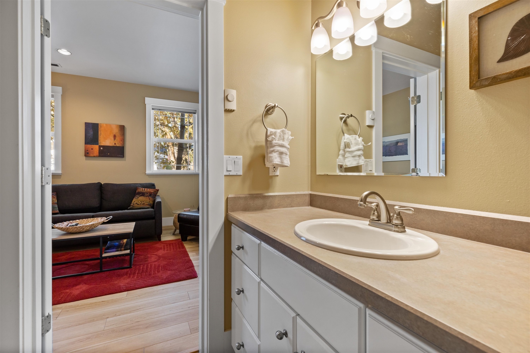 Enjoy the convenience of a walk-in shower in this well-appointed bathroom.