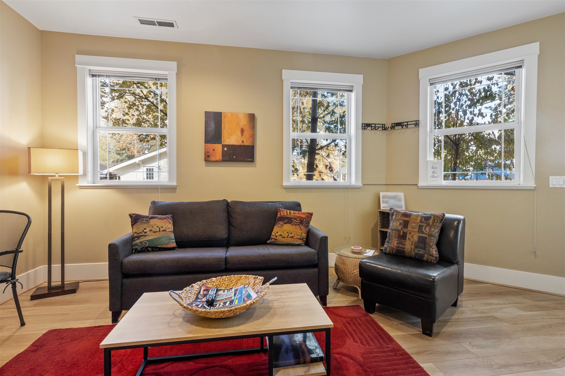 Living room area with smart TV and American Leather Sofa Sleeper.