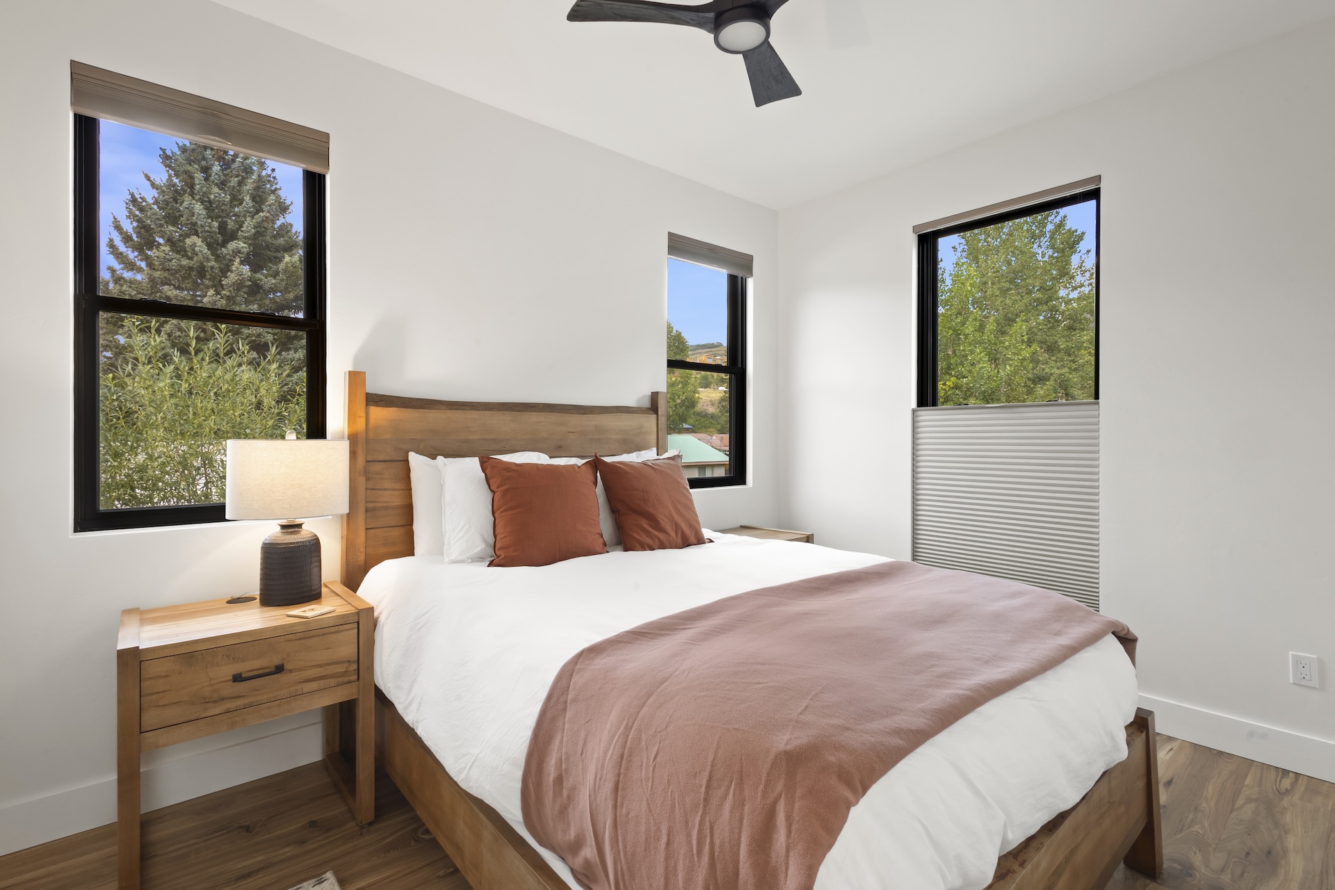Our third bedroom features a queen bed, mountain views and a Smart TV.