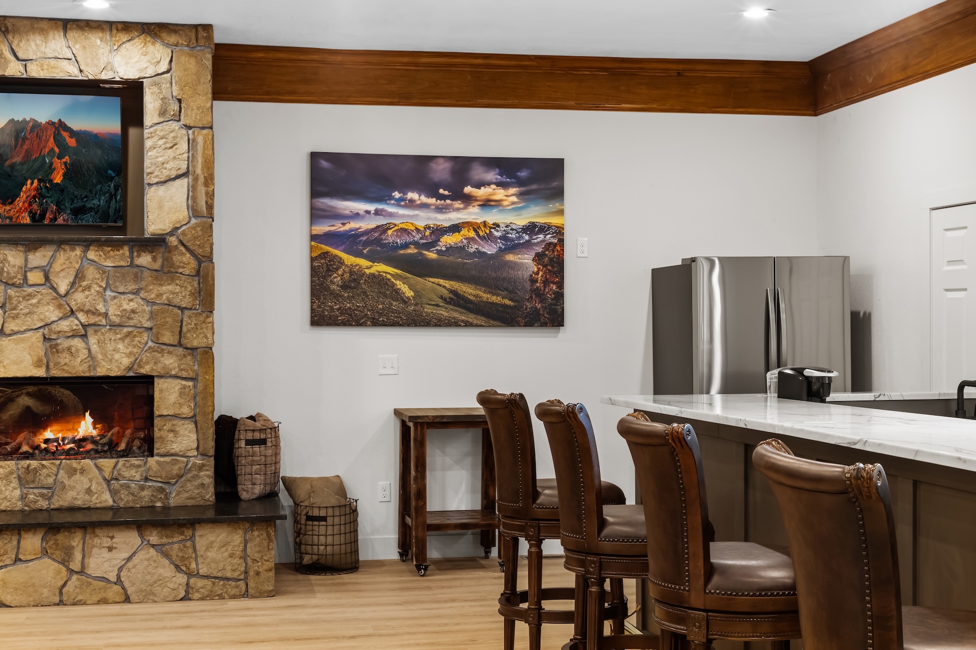 Enjoy a drink next to the fireplace. 