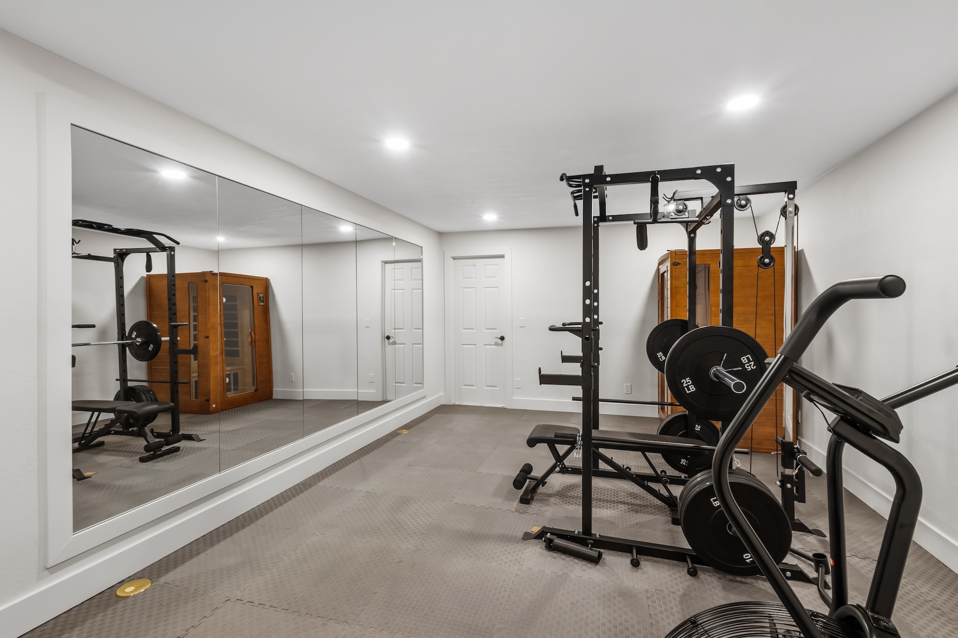 Yoga and wellness room with private two-person sauna