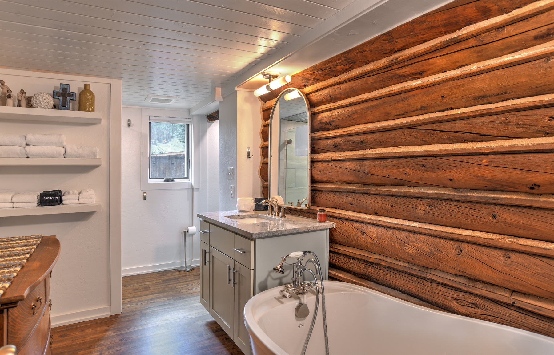 Bathroom with walk-in shower and soaking tub. 