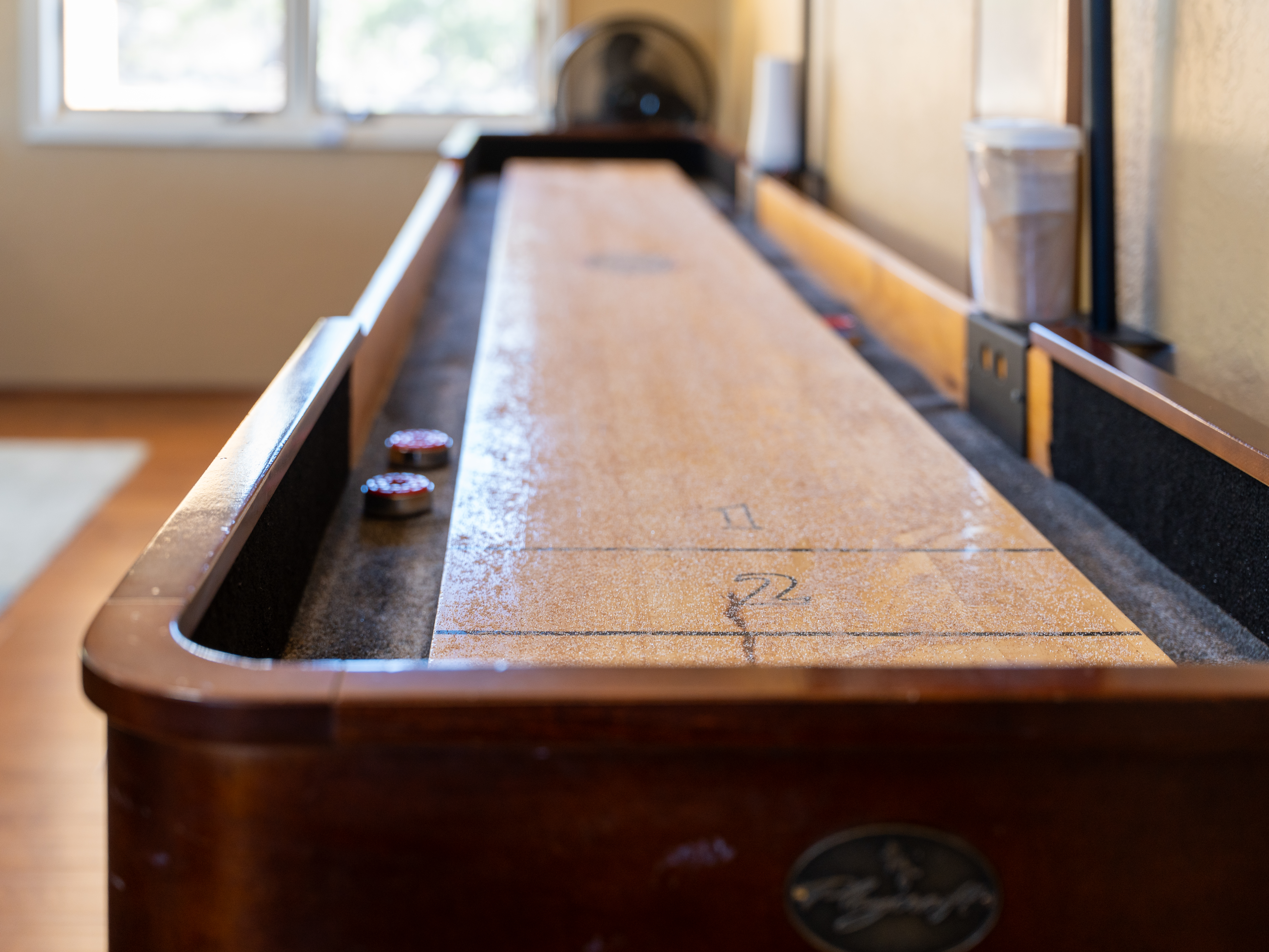 Game room with a regulation shuffleboard table, sectional sofa, smart TV, and a library of movies and games.