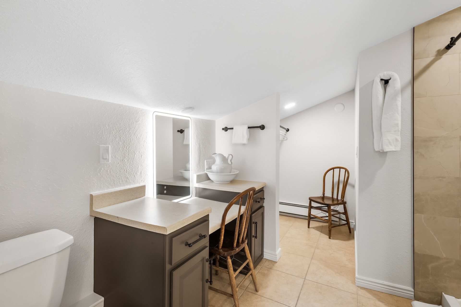 Primary ensuite bathroom featuring a sleek walk-in shower and vanity.
