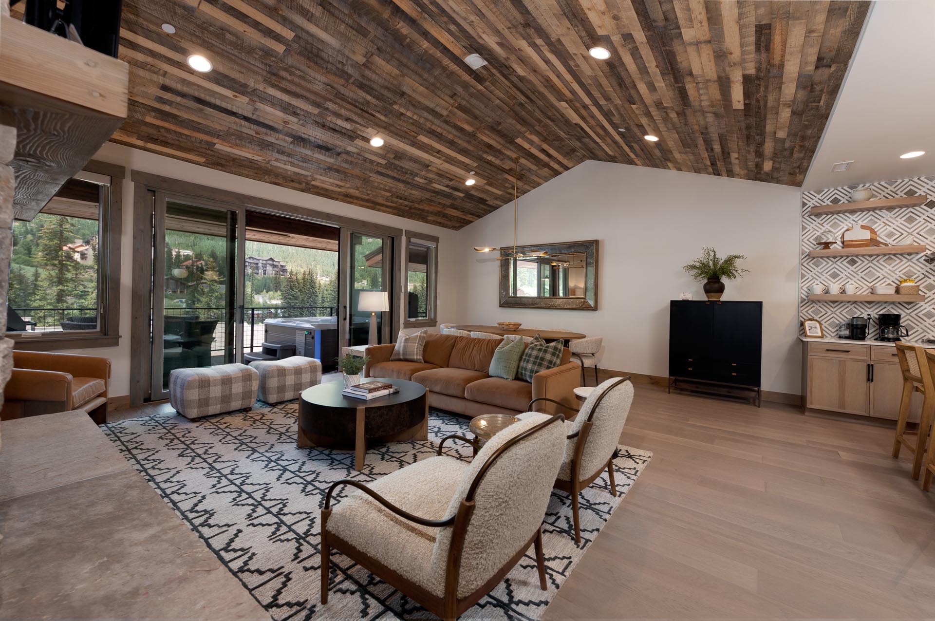 Main Living, Dining and Kitchen - Gas Fireplace, TV and Deck