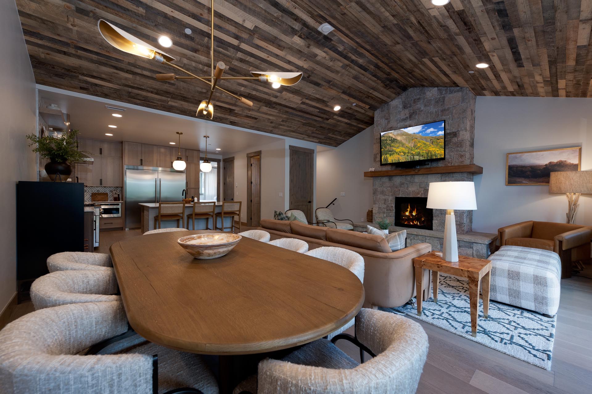 Main Living, Dining and Kitchen - Gas Fireplace, TV and Deck