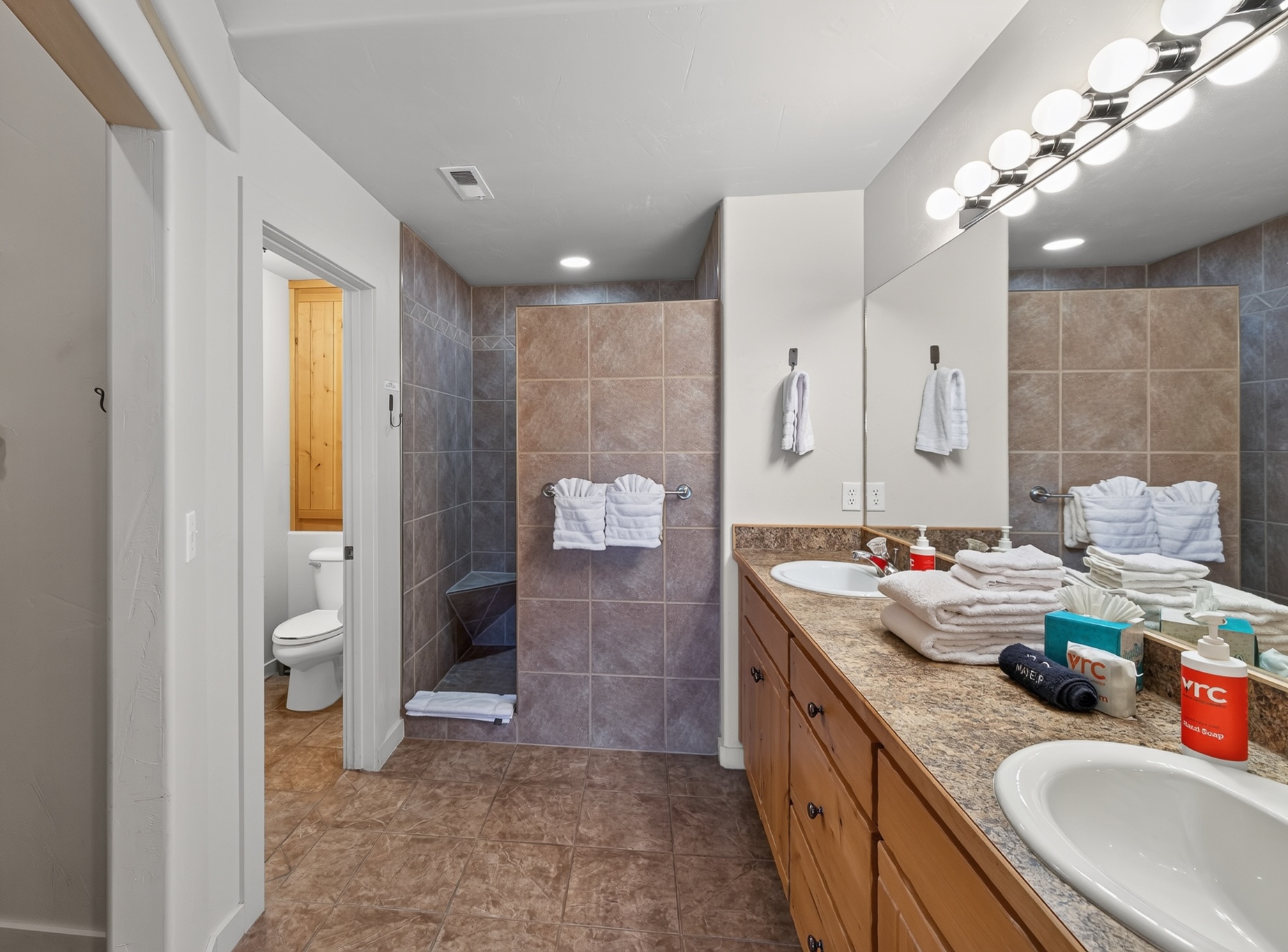The en suite bathroom features a walk-in shower, dual sinks, and a large closet.