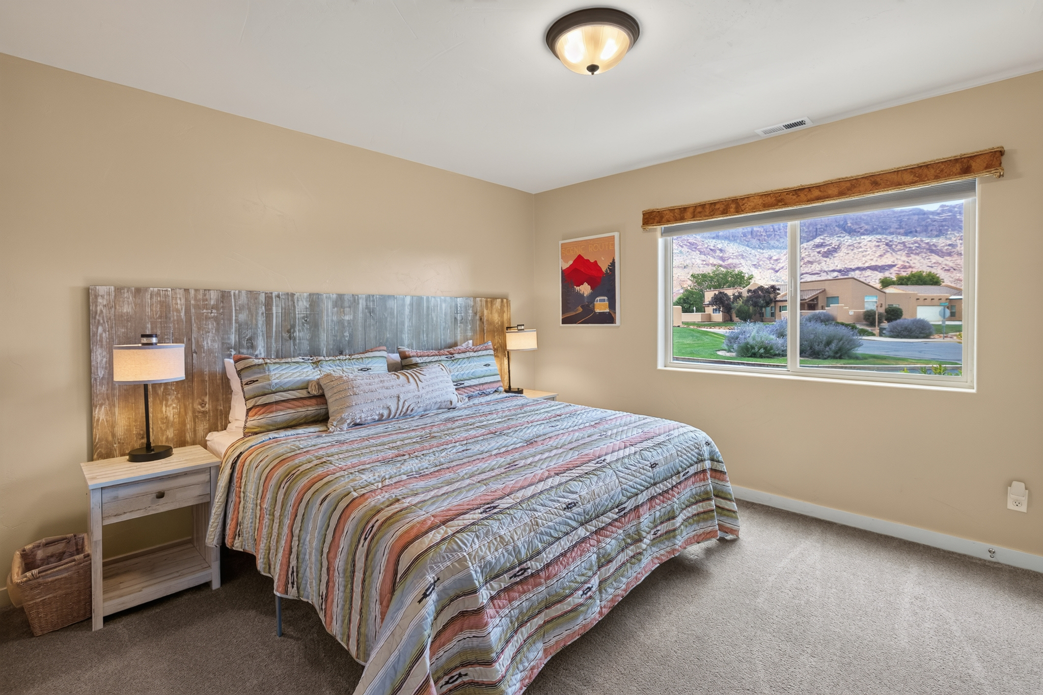 Guest King (or two twin) bedroom with gorgeous views out the window! There is a conversion kit available if guests would like to use the king bed option for their stay. 