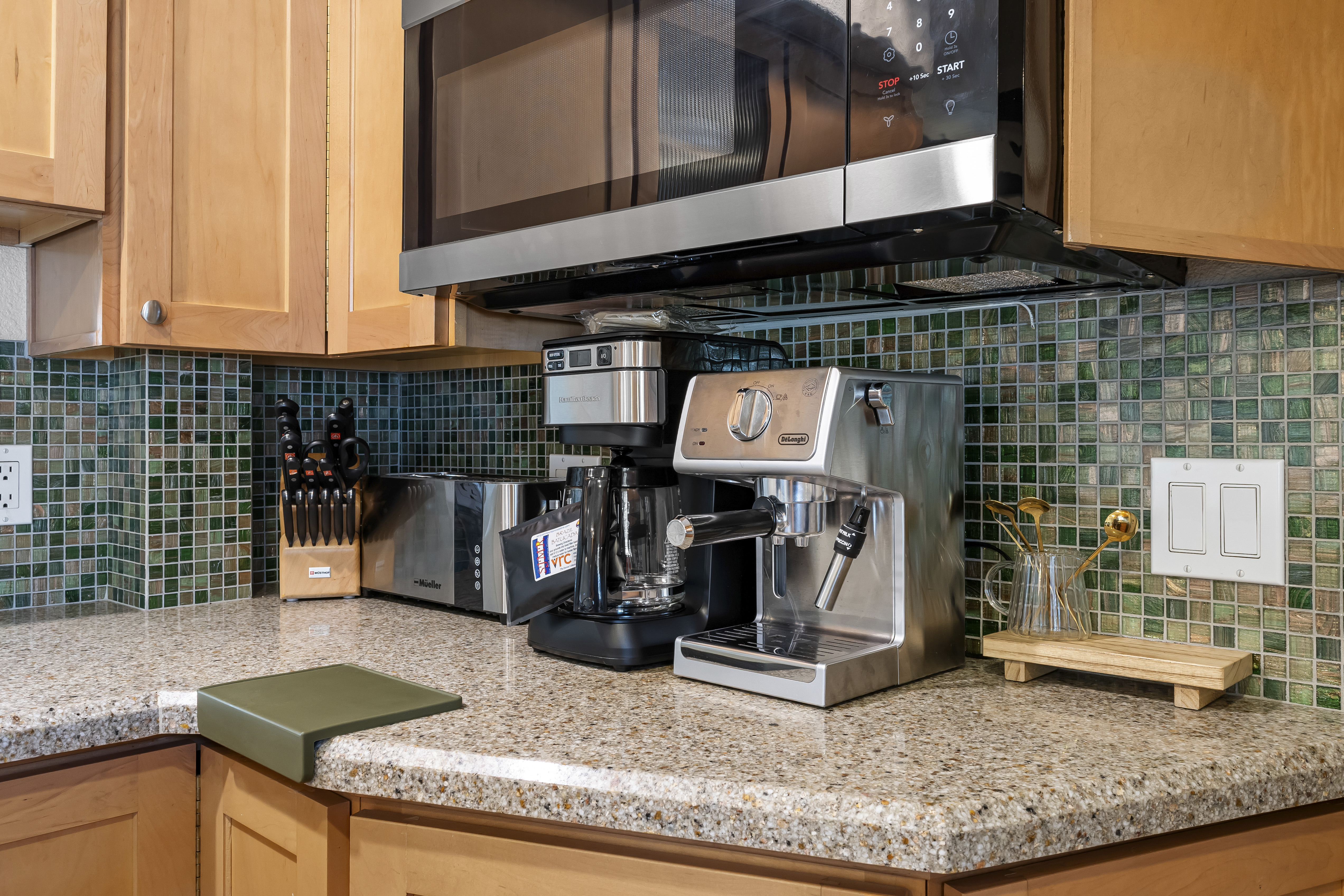 For the coffee drinkers, we have an espresso machine, coffee pot, and Colorado roasted coffee ready for you!