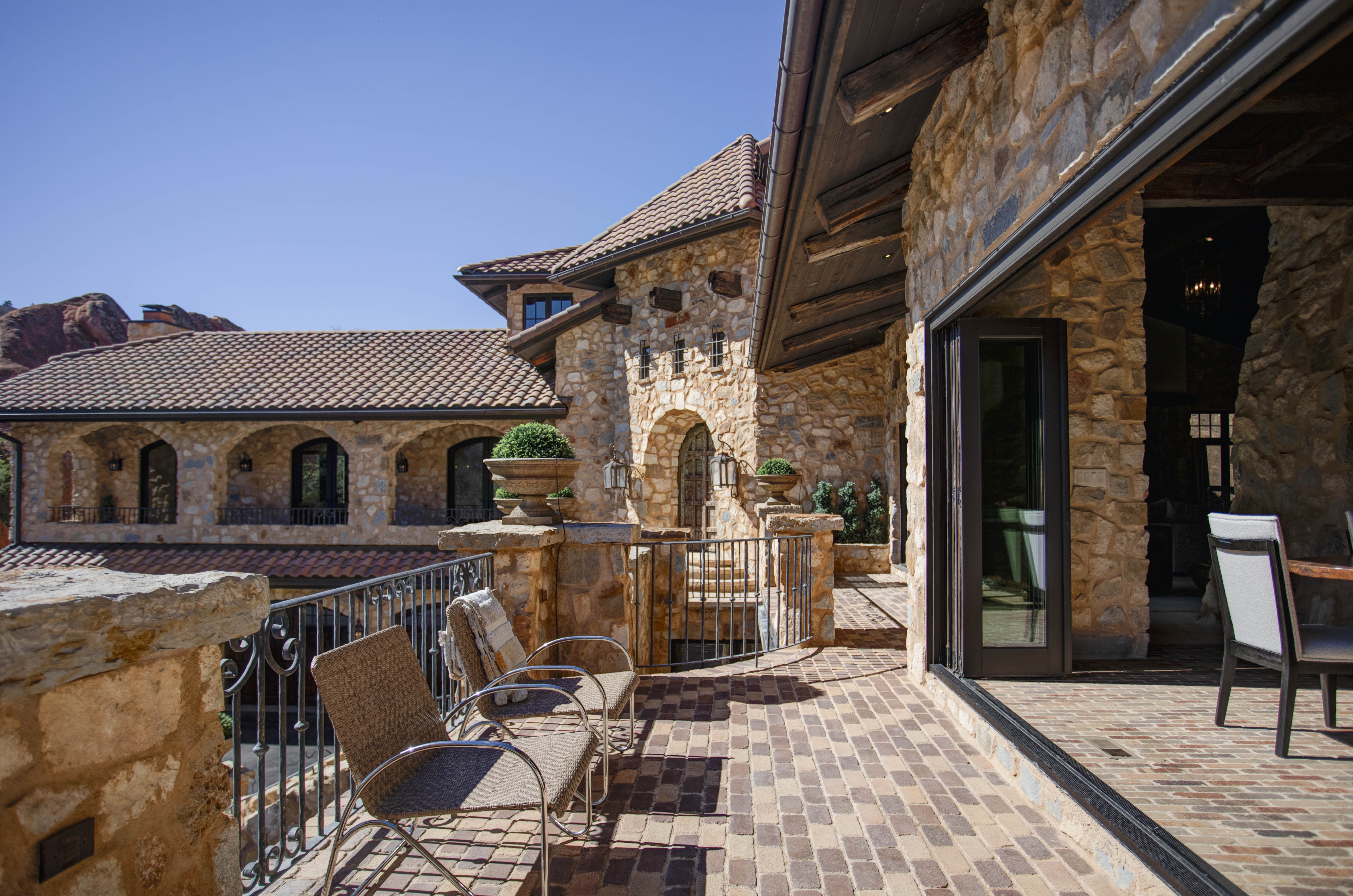 There are multiple decks and patios throughout the home. 