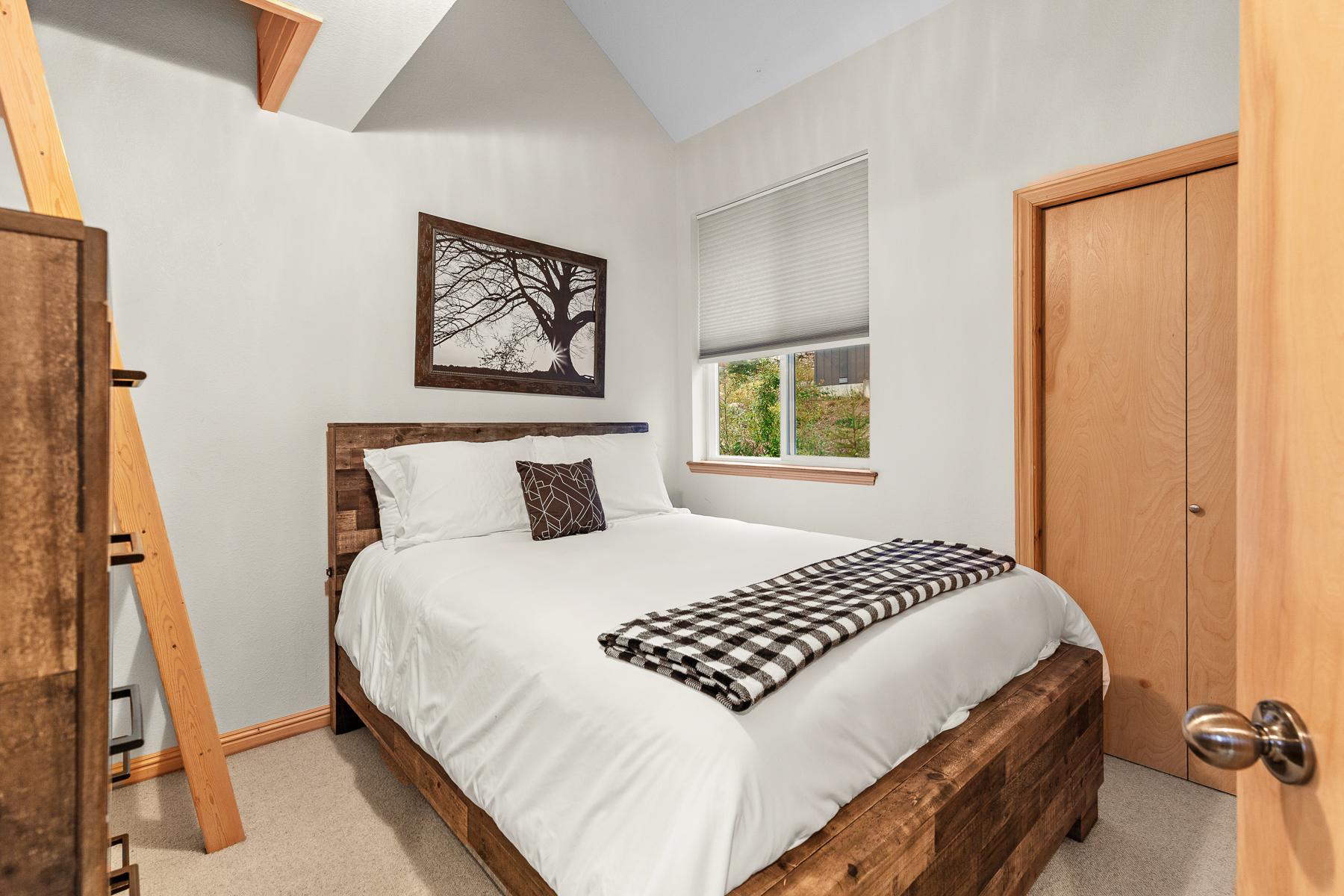 Queen Guest Bedroom #2 with a ladder to additional sleeping space in the loft