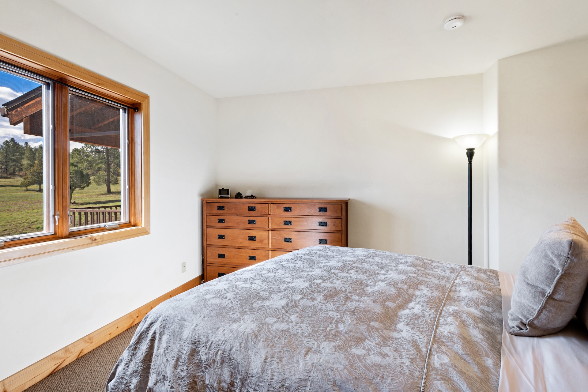 The guest bedroom includes a comfortable queen bed with a large mirror, closet, dresser, and mountain views. 