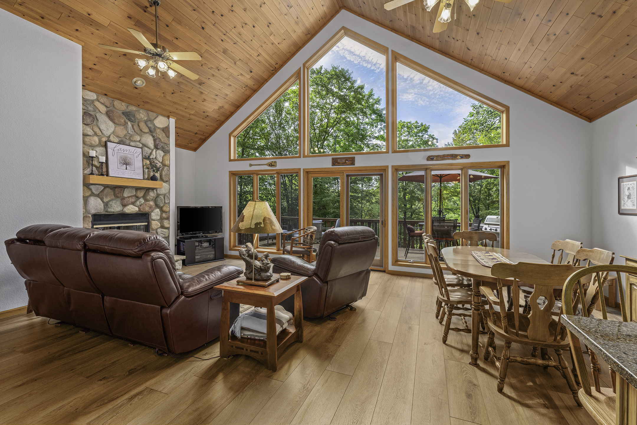 The kitchen and dining area looking straight out to the lake.