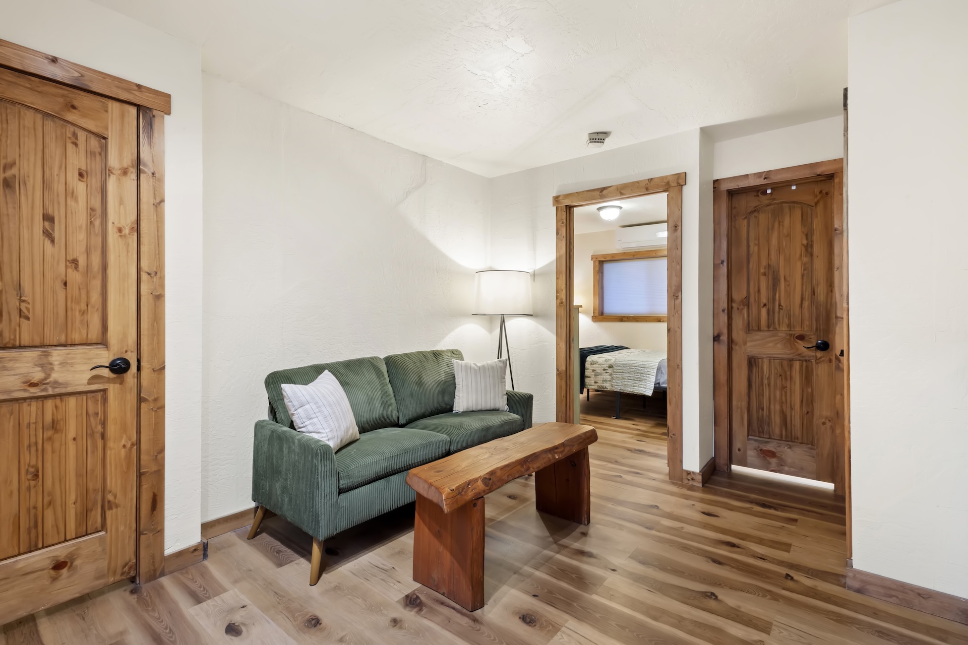 Ground-Floor Suite: Queen Bed with ensuite bathroom, private exterior entrance, and living area with TV, small refrigerator, wet bar and electric fireplace (1st Floor)