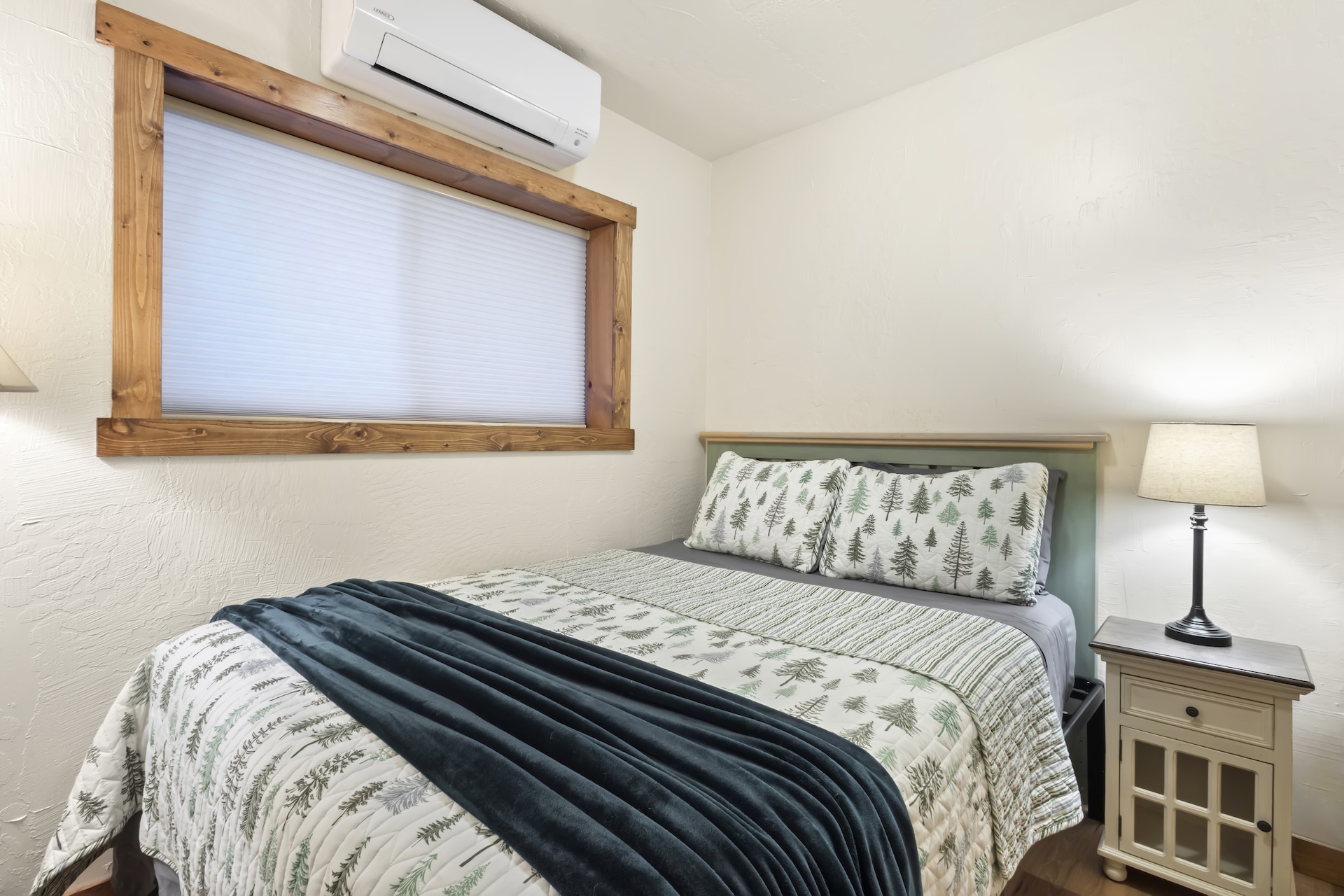 Ground-Floor Suite: Queen Bed with ensuite bathroom, private exterior entrance, and living area with TV, small refrigerator, wet bar and electric fireplace (1st Floor)
