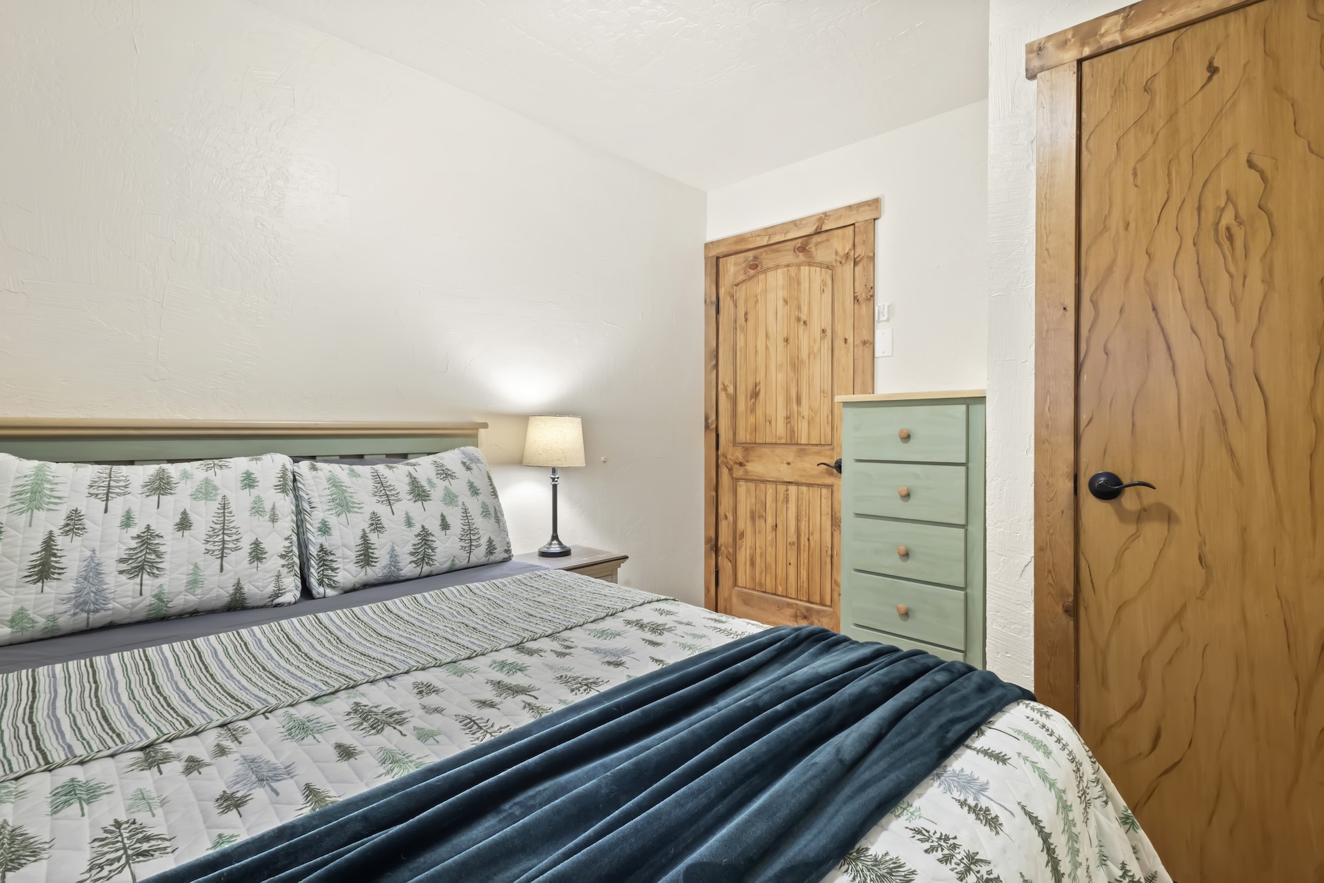 Ground-Floor Suite: Queen Bed with ensuite bathroom, private exterior entrance, and living area with TV, small refrigerator, wet bar and electric fireplace (1st Floor)