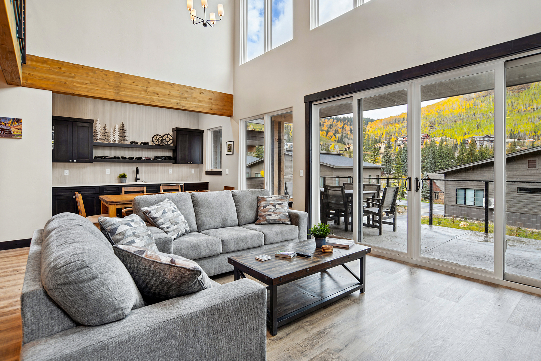 Main Living and Dining- Gas Fireplace, Deck and TV