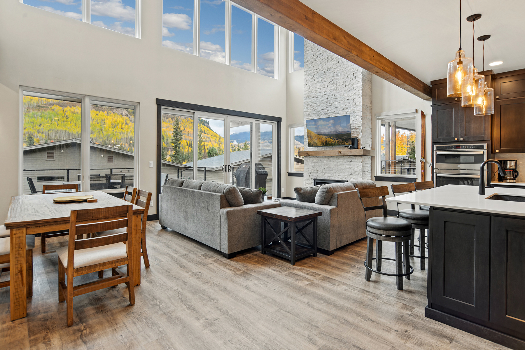 Main Living, Dining and Kitchen - Gas Fireplace, Deck and TV