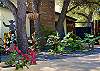Tropical garden has beautiful fountain, hanging flower pots & wall art.