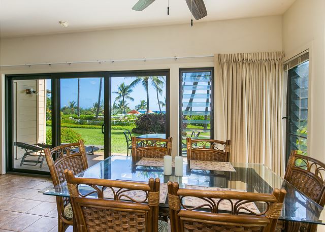 Spacious dining table seats up to six! Enjoy the sound of the ocean as you dine in the comfort of your own space.