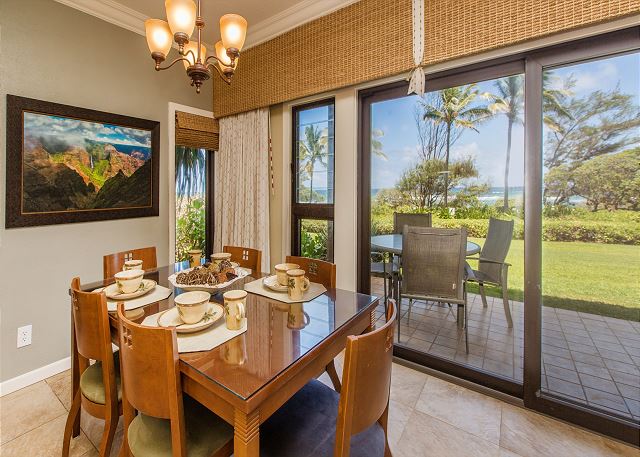 This unit's indoor dining table comfortably seats 6.