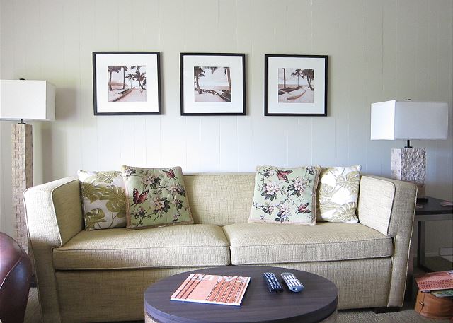 Living room with full size sofa sleeper.