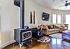 Wood stove in lower level den.