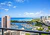 A sweeping high-floor panorama brings together Ala Wai Boat Harbor, Magic Island, Ala Moana Beach Park, and the Pacific Ocean, showcasing the condo’s distinctive waterfront outlook from The Watermark Waikiki.