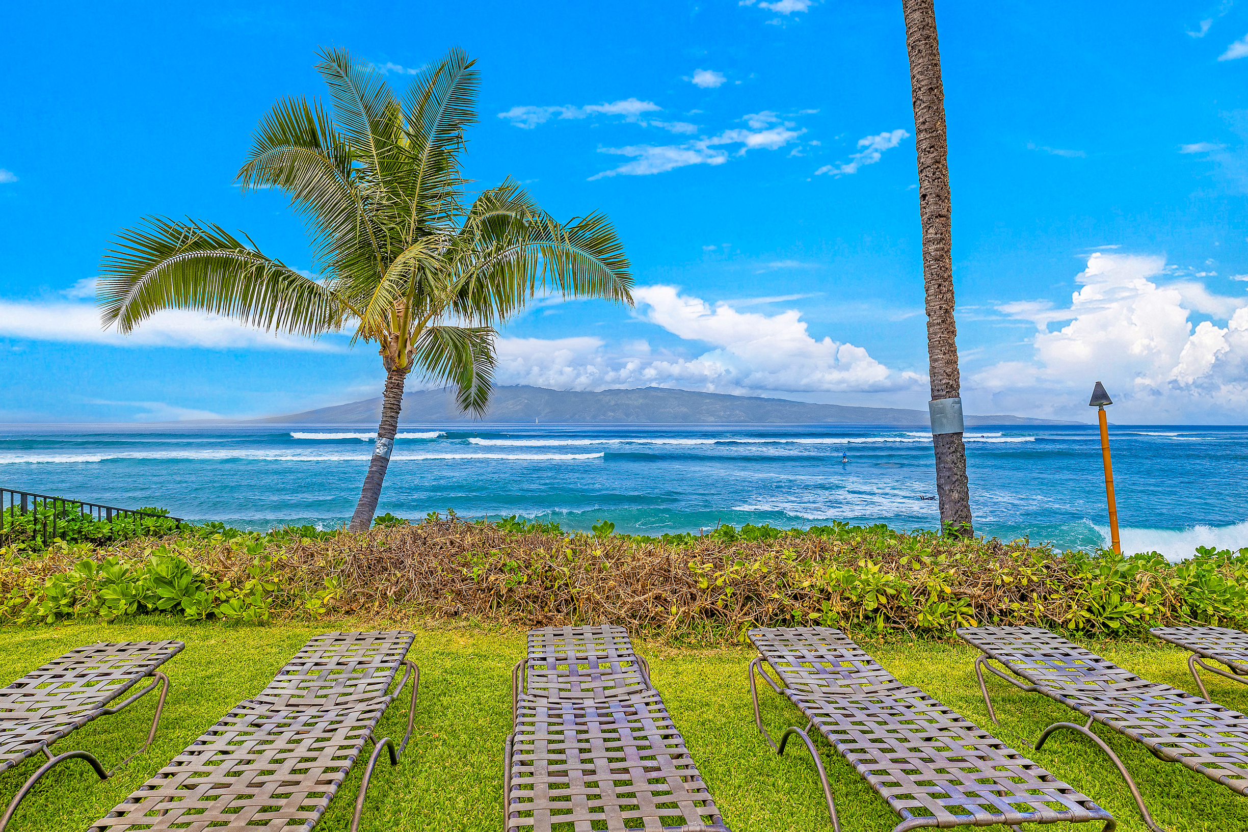 Oceanfront lounge chairs by pool at Noelani Resort