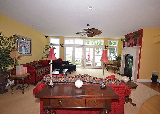 French doors open onto deck overlooking Grand Traverse Bay 
