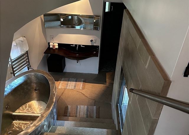 Bathroom with soaking tub. 