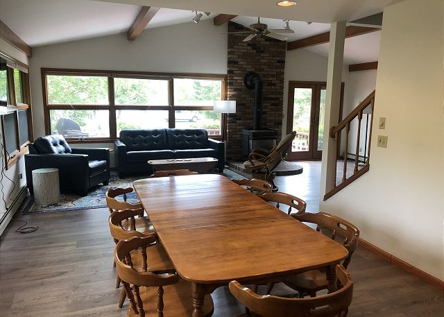Washer & dryer, towels & linens, toilet paper, bar soap, window A/C in living room. 