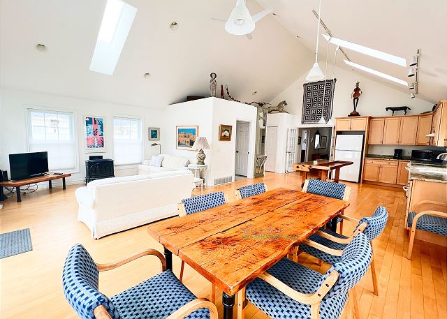 Living, dining, and kitchen area