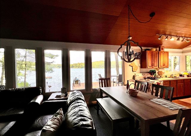 Kitchen, dining, and living area. 