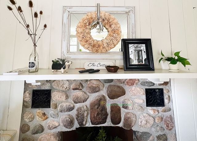 Fireplace in living room. 
