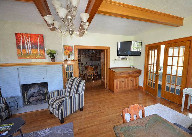 Living area with bedroom and kitchen area.