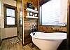 Relax and unwind with a nice hot bath in our large soaking tub, bath salts and lotion provided!