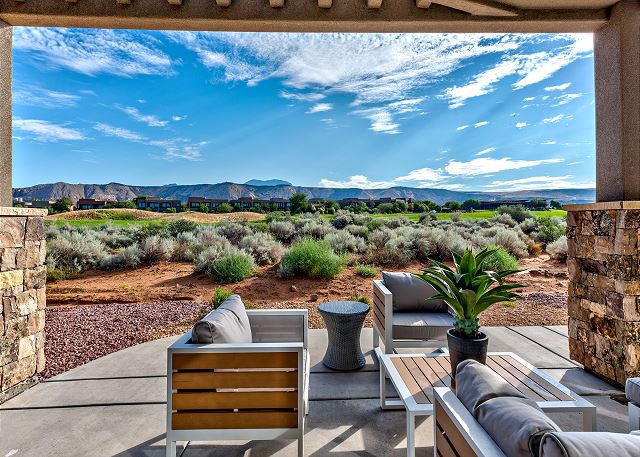 The Back Patio is a spacious area to entertain guests while enjoying the beautiful surrounding landscapes of Snow Canyon State Park