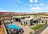 The Back View highlights the private pool, hot tub, basketball court, and grilling area, as well as the beautiful mountains surrounding our home.