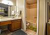 The bathroom offers a large, single vanity and a separate shower and toilet area for extra privacy.